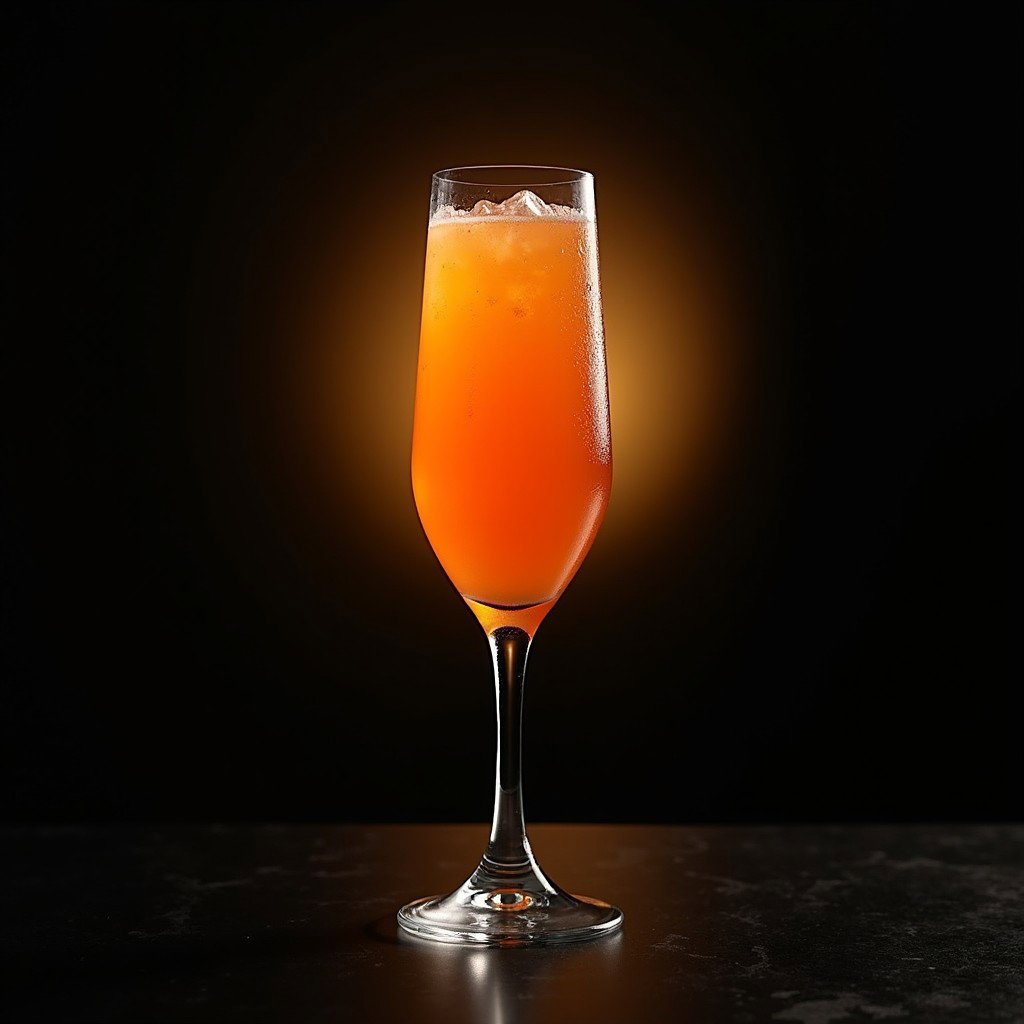 A vibrant Mimosa cocktail artfully presented in a stylish glass, featuring a delicate orange hue that captures the essence of this refreshing drink