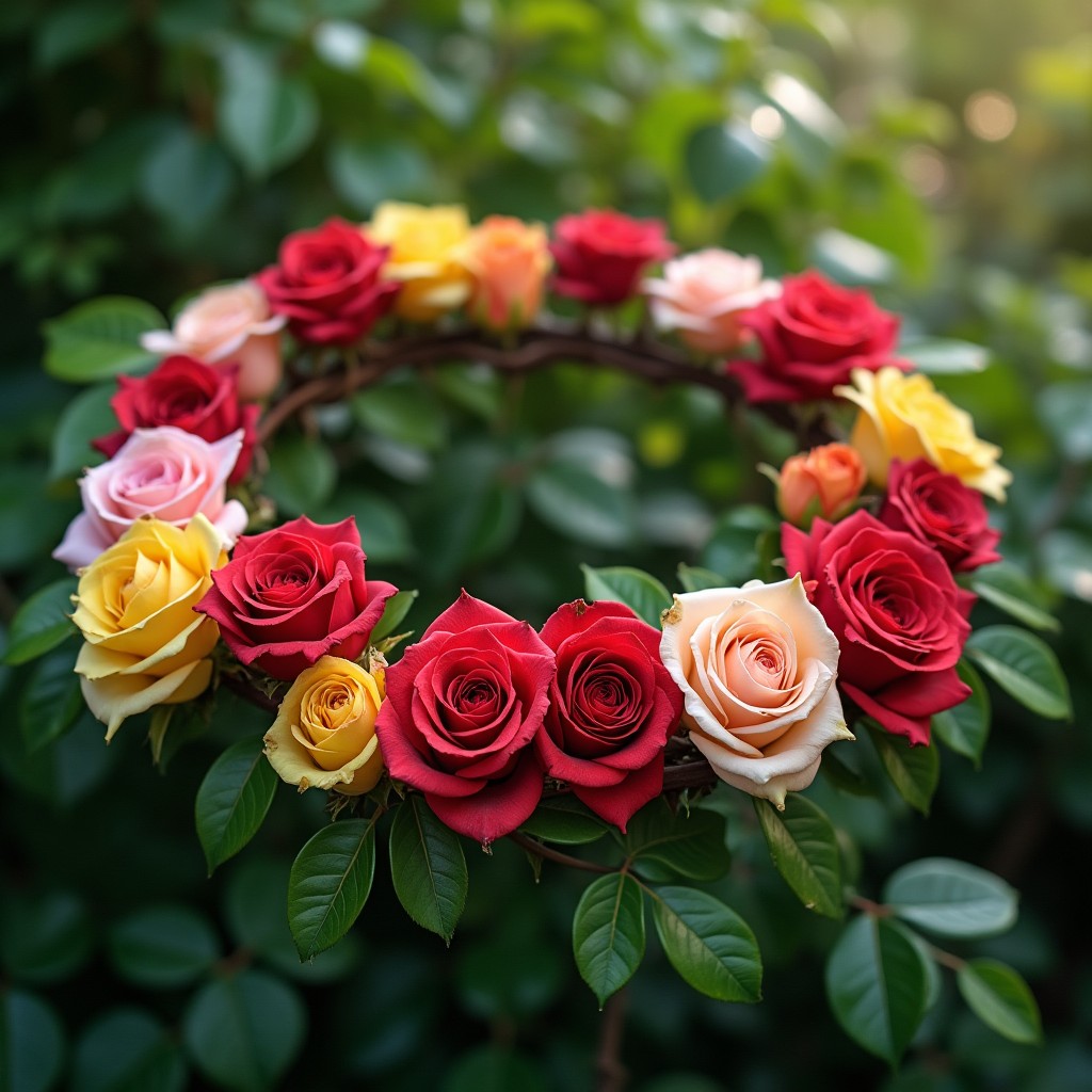 A beautiful arrangement of a crown made of thorns intertwined with vibrant roses in full bloom