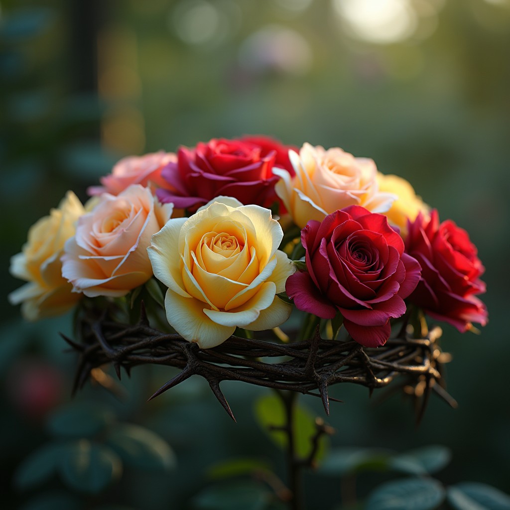 A captivating crown made of sharp, intertwining thorns adorned with luxurious roses in various stages of bloom