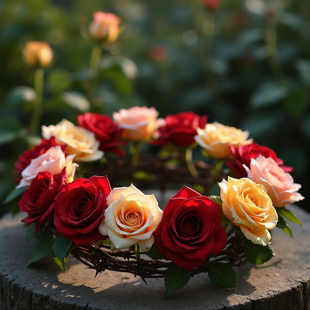 An intricately designed crown made of intertwining thorns, elegantly adorned with a variety of blooming roses in shades of rich red, soft pink, and bright yellow