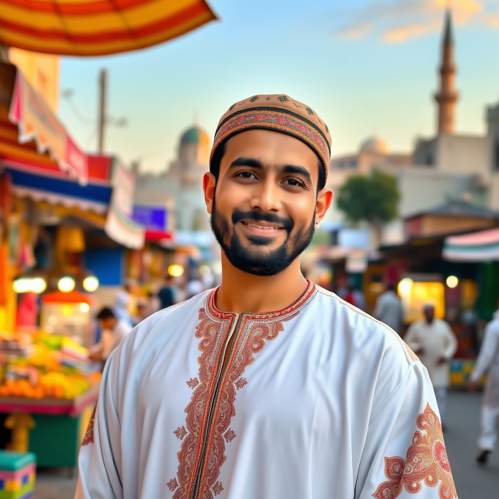 A proud Muslim man standing confidently in a vibrant urban environment