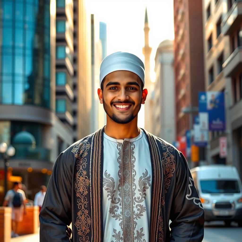 A proud Muslim man standing confidently in an urban setting, wearing traditional attire with a modern twist