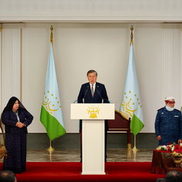 The President of Tajikistan standing at a podium, delivering an empowering speech to an attentive audience.