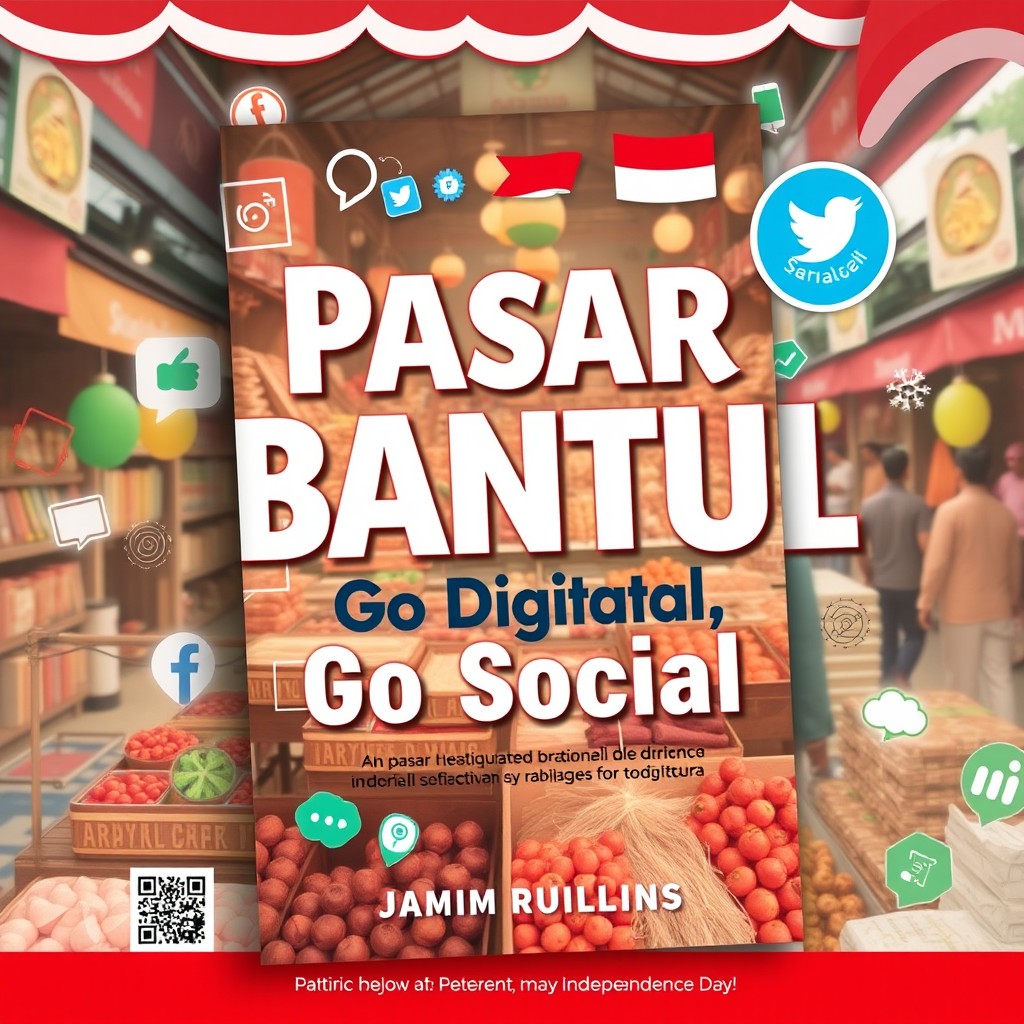 A book cover design for "Pasar Bantul Go Digital, Go Social", illustrating the story of traditional markets transitioning into the digital era