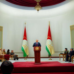 The President of Tajikistan standing at a podium, delivering an empowering speech to an attentive audience.