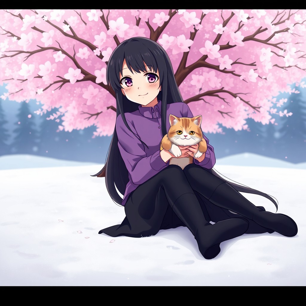 An anime girl with long black hair and hazel eyes, sitting on the ground covered with soft, sparkling snow