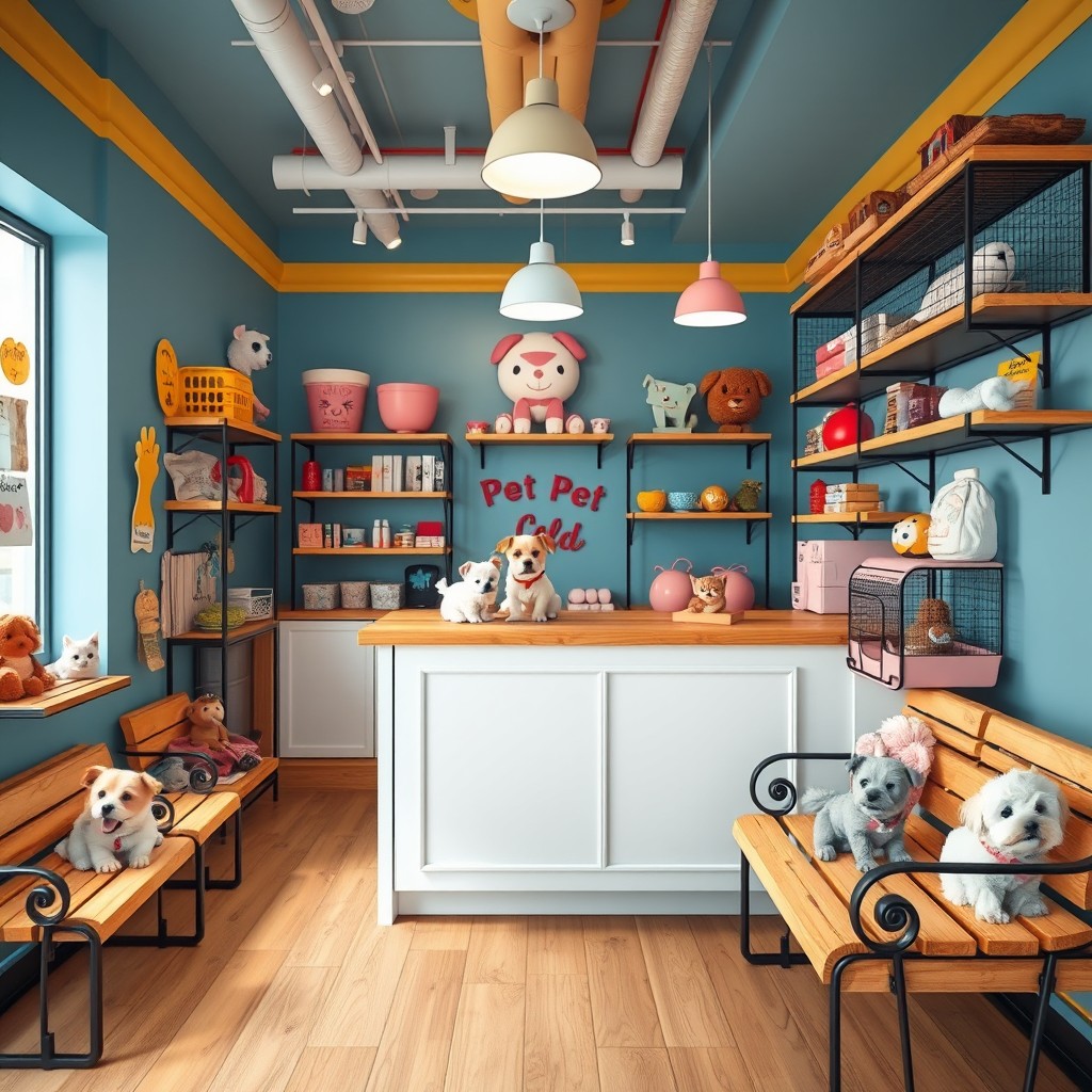 A cute interior design of a pet shop featuring a cozy atmosphere with a color palette of blue, yellow, and pink, accented with touches of tomato red