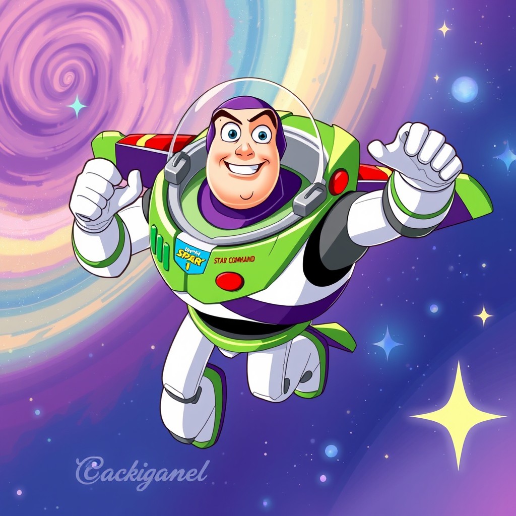 A dynamic and colorful illustration of Buzz Lightyear in an animated style, soaring through space with a heroic pose