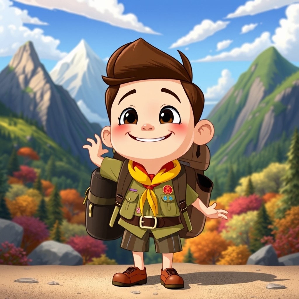 An illustrated character inspired by Russell from the Disney movie Up, depicted as an animated young explorer wearing a colorful scout uniform with badges, a large backpack filled with adventure gear, and a cheerful expression