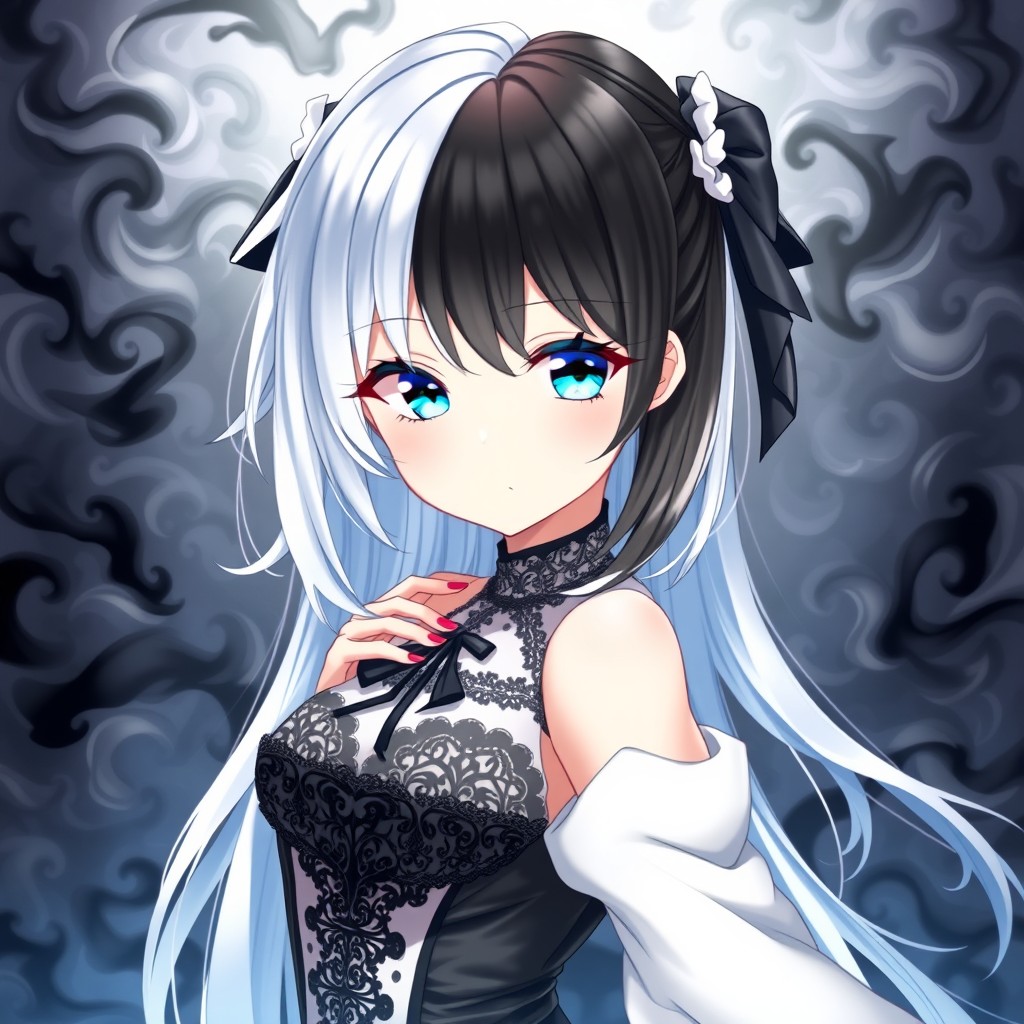 A stunning anime girl with a harmonious blend of white and black in her hair, representing a duality theme