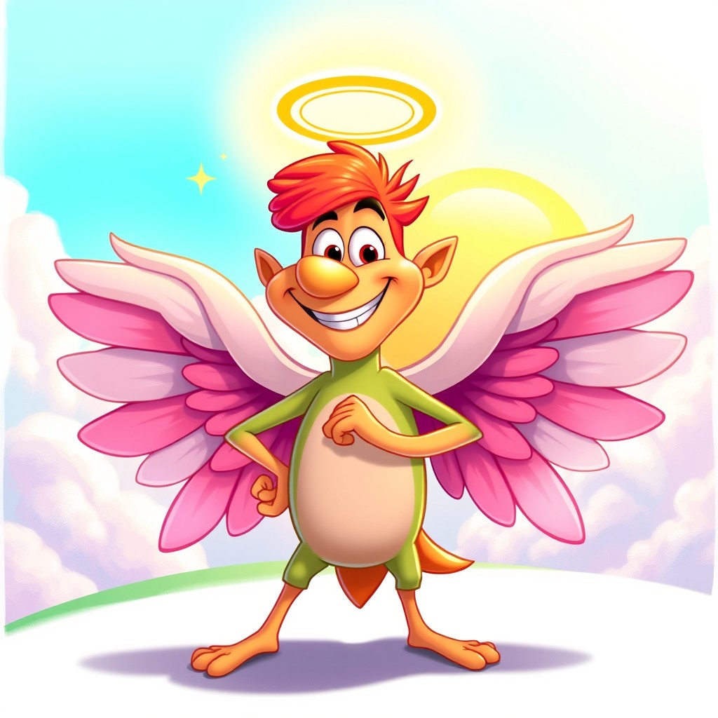 A whimsical, colorful illustration of Angel Kronk from Disney's Emperor's New Groove, depicted as a vibrant animated character with a large, angelic wingspan