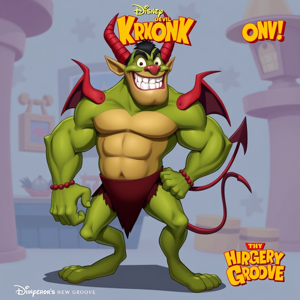 A whimsical and vibrant animated character design of Devil Kronk from Disney's Emperor's New Groove, featuring his distinct muscular build and characteristic features like his green skin, red horns, and mischievous grin