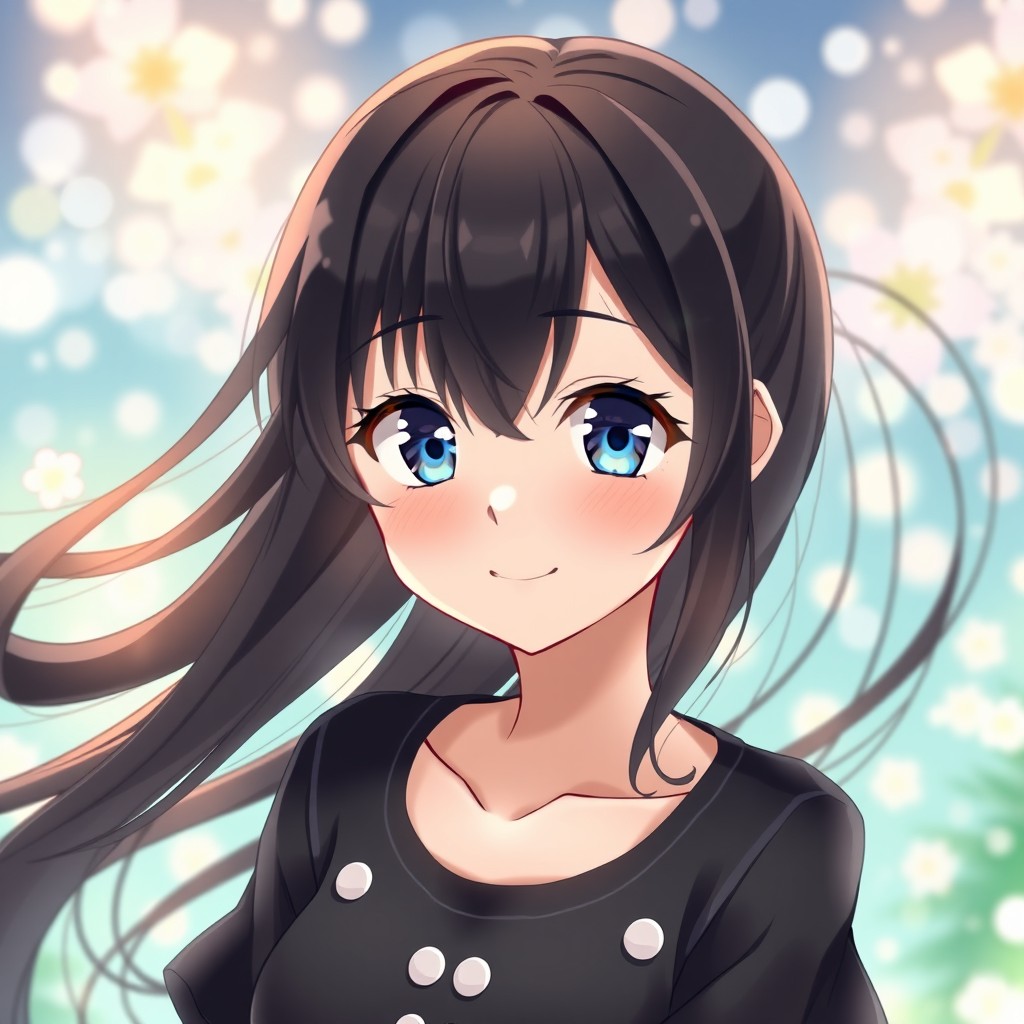 A captivating anime girl with flowing black hair that beautifully contrasts against her fair skin