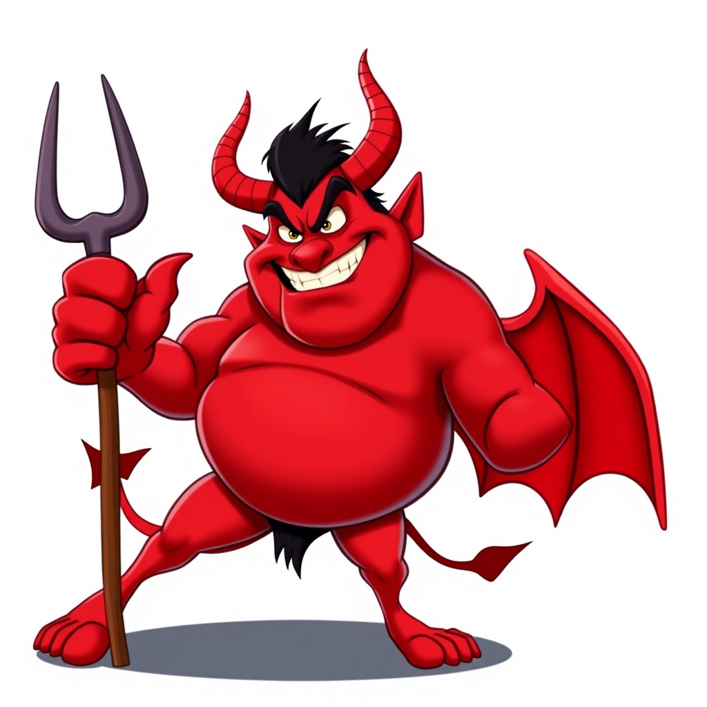 Devil Kronk from Disney's Emperor's New Groove reimagined as a vibrant animated character, showcasing his characteristic large physique with a devilish twist, including sharp horns, a mischievous grin, and a fiery color palette of reds and blacks