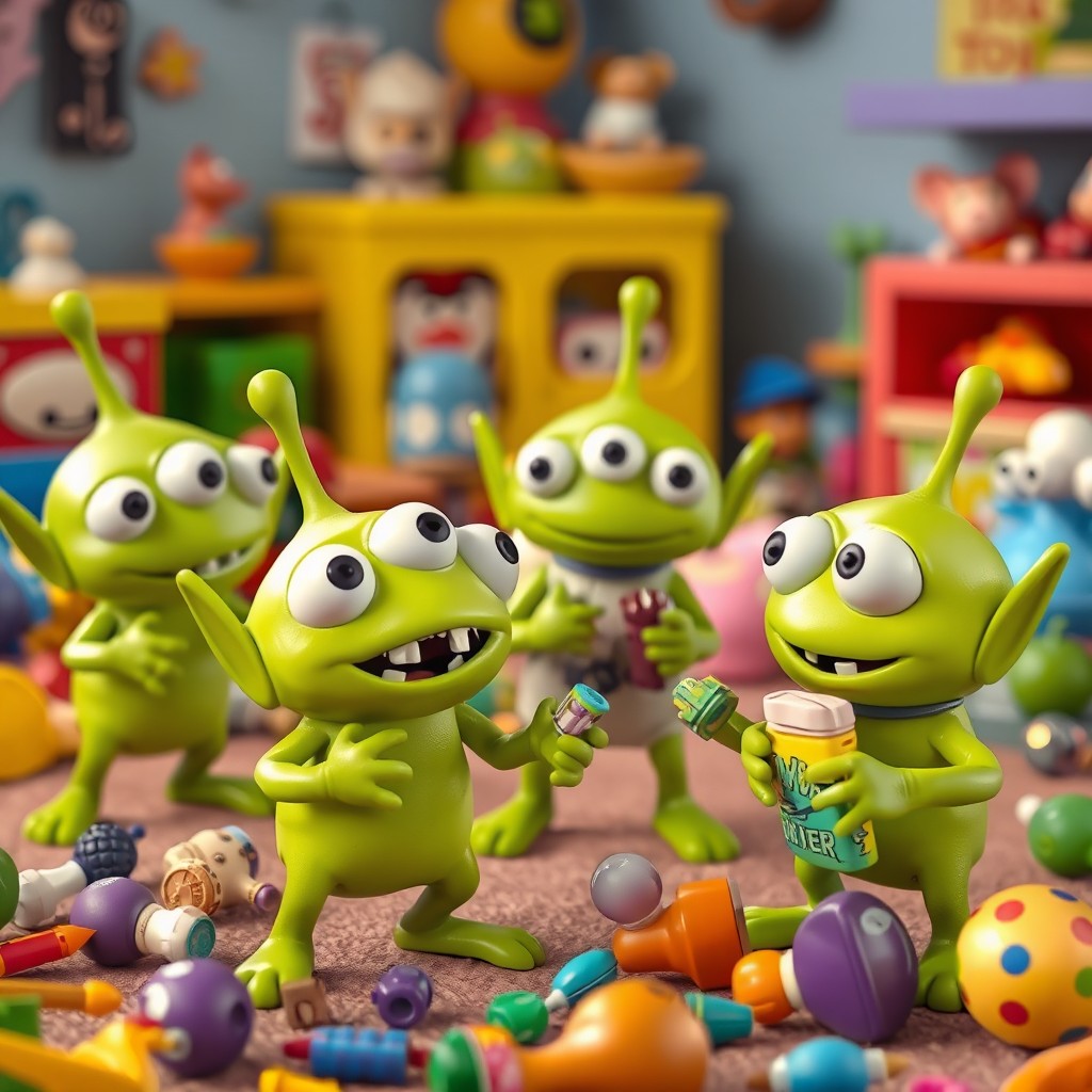 An animated scene featuring the Squeeze Toy Aliens from the Disney movie Toy Story, displaying their signature three-eyed appearance, bright green skin, and adorable expressions