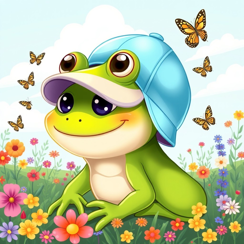 A whimsical and playful illustration of a frog character inspired by the popular 'Pepe the Frog' meme, depicted in a cheerful setting surrounded by vibrant flowers and butterflies