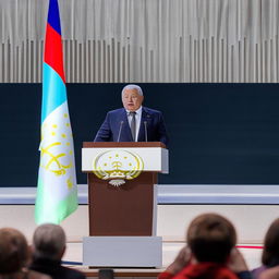 The President of Tajikistan standing at a podium, delivering an empowering speech to an attentive audience.