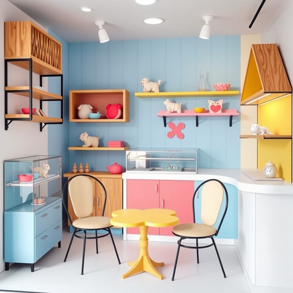 A whimsical interior of a pet shop designed to be cute and inviting, featuring a color scheme of blue, yellow, and pink with touches of tomato red