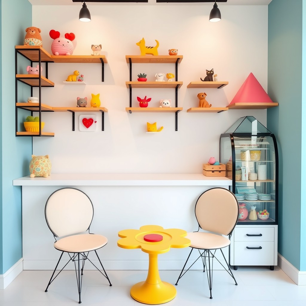 A cozy and adorable pet shop interior featuring a cute color scheme of blue, yellow, and pink with touches of tomato red
