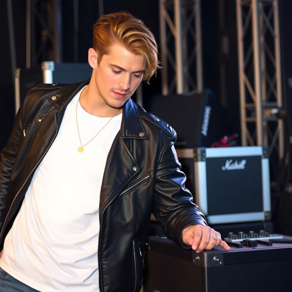 A handsome man styled with caramel-colored hair, wearing a black leather jacket over a white t-shirt