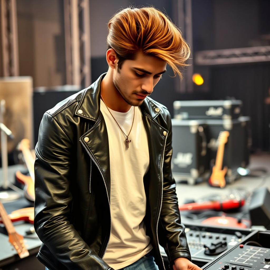A handsome Indian man with caramel-colored hair, styled neatly, wearing a black leather jacket over a white t-shirt
