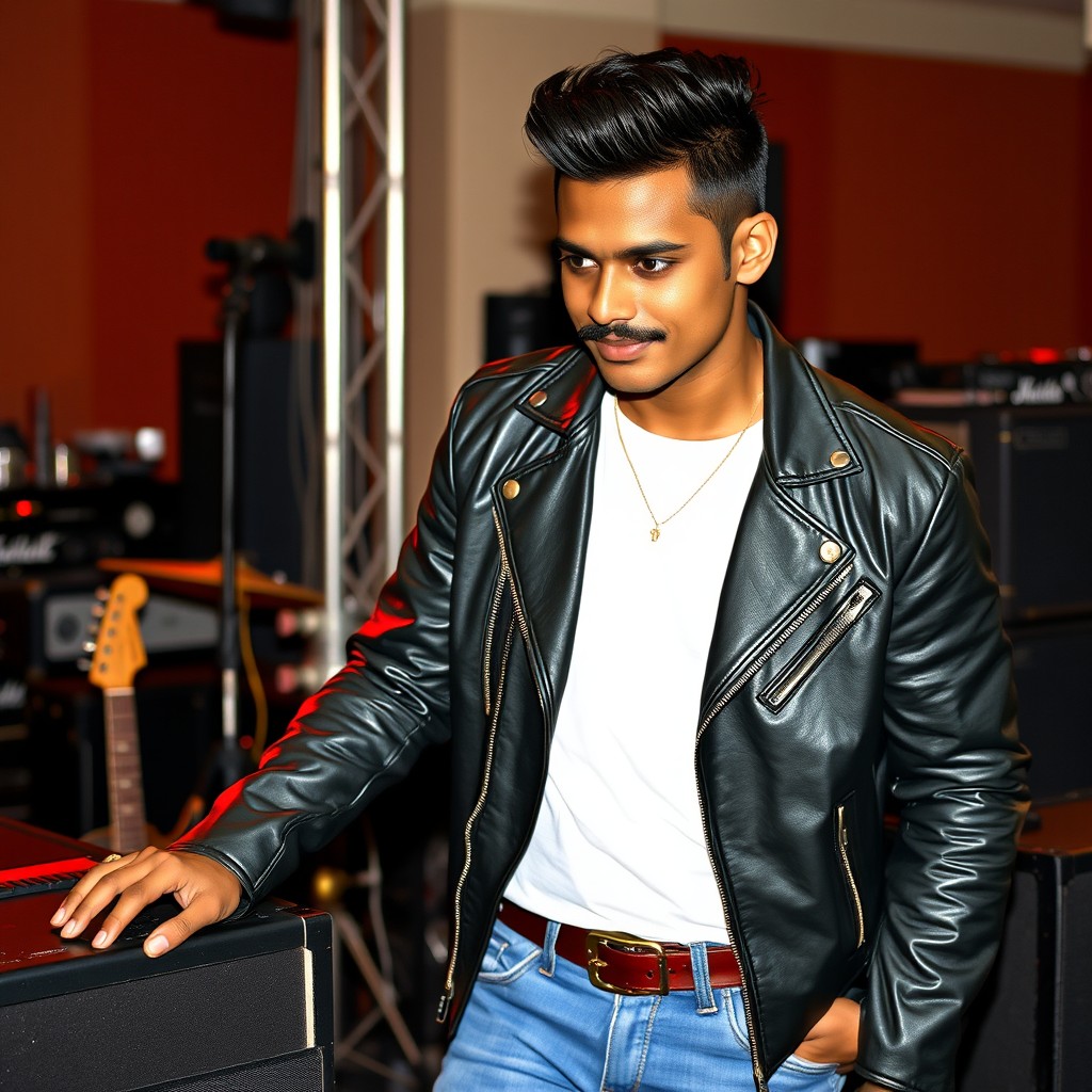 A handsome Indian man with dark caramel skin, well-groomed hairstyle and a stylish mustache, wearing a black leather jacket over a white t-shirt adorned with a small gold necklace
