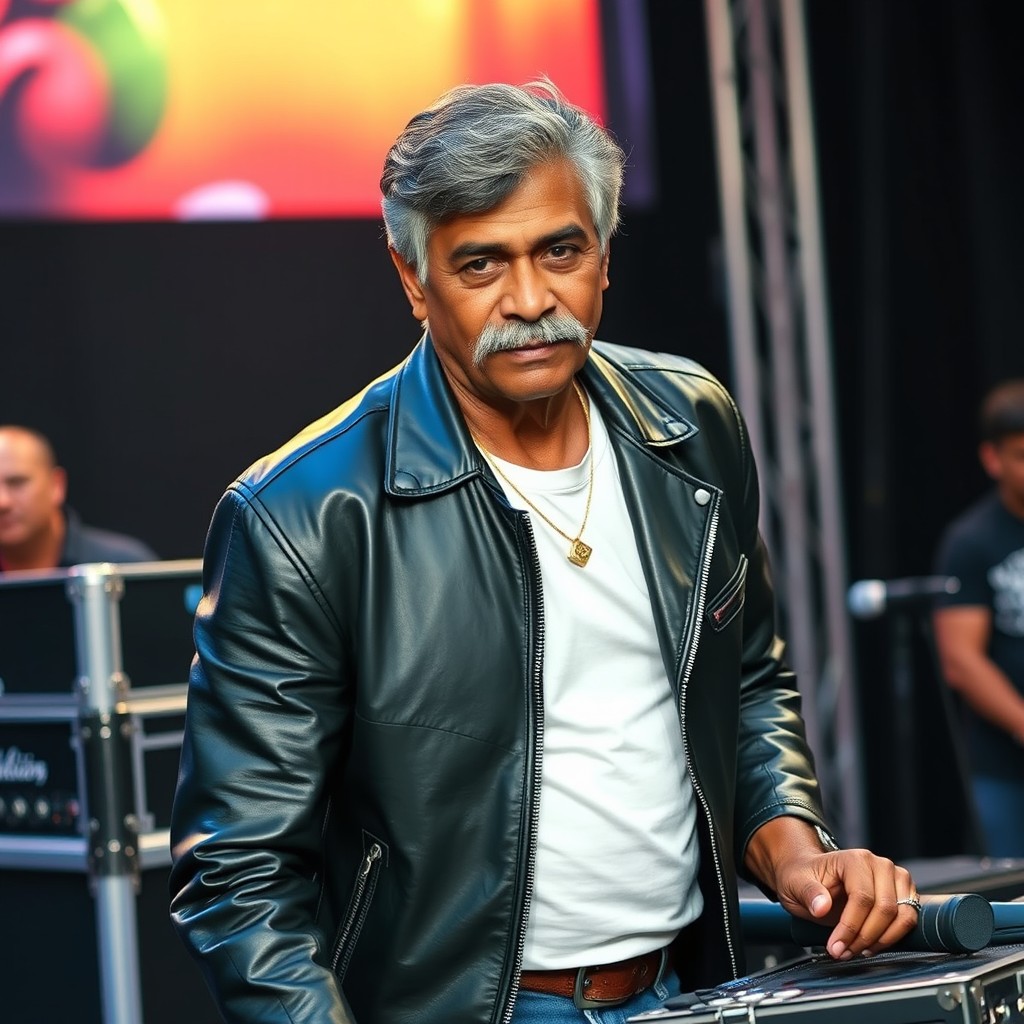 A handsome old Indian man with dark caramel skin, well-groomed with a stylish mustache
