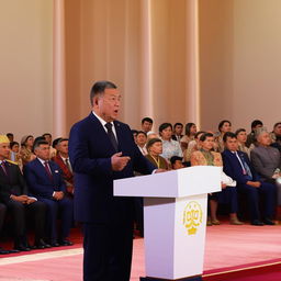 The President of Tajikistan standing at a podium, delivering an empowering speech to an attentive audience.