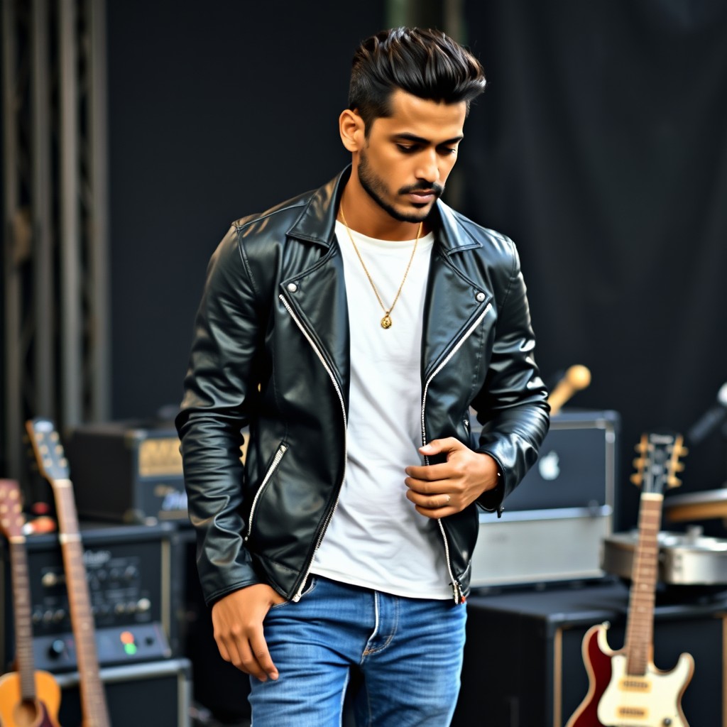 A handsome Indian man with dark caramel skin, styled hair, and a slim build, wearing a black leather jacket over a white t-shirt, adorned with a small gold necklace and blue jeans