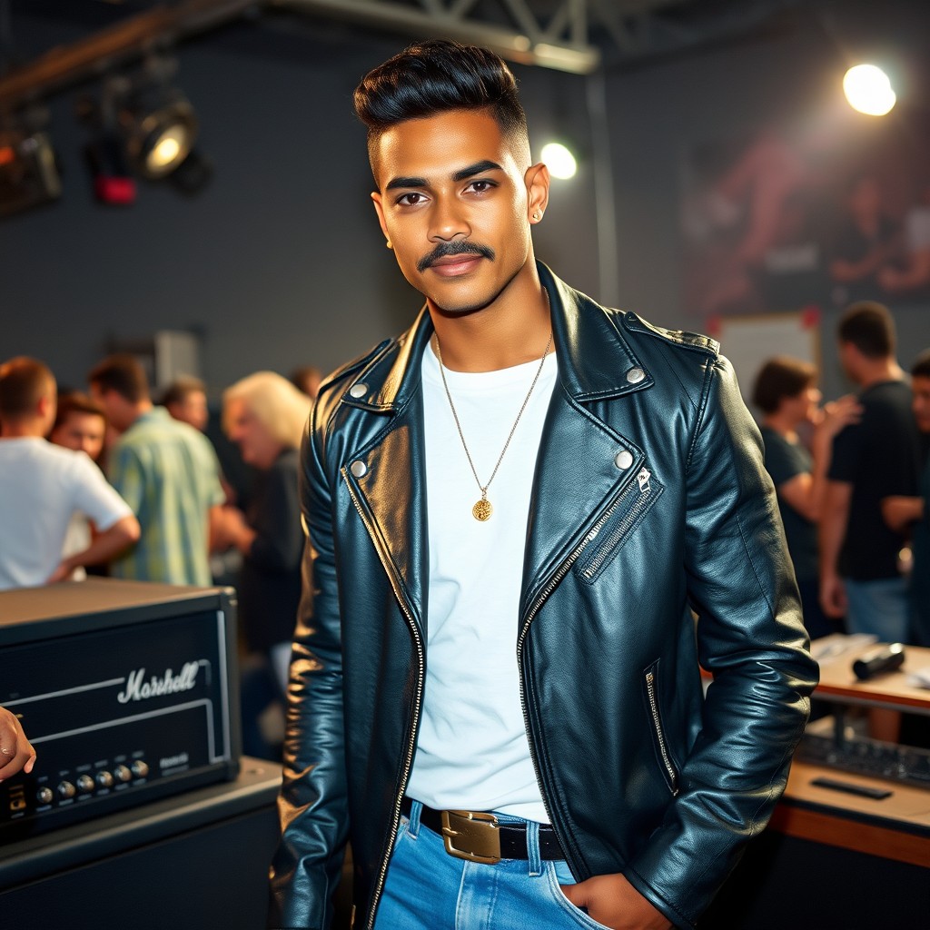 A handsome Tahitian Indian man with dark caramel skin, stylishly groomed, slim build, featuring a notable mustache