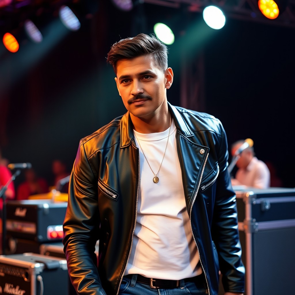 A handsome mature Indo-Tahitian man with dark caramel skin, styled hair, and a distinguished mustache, dressed in a sleek black leather jacket over a white t-shirt