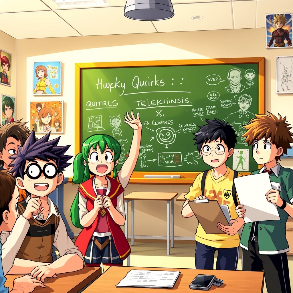 A vibrant scene depicting students from 'My Hero Academia' engaging in an interactive quirk quiz