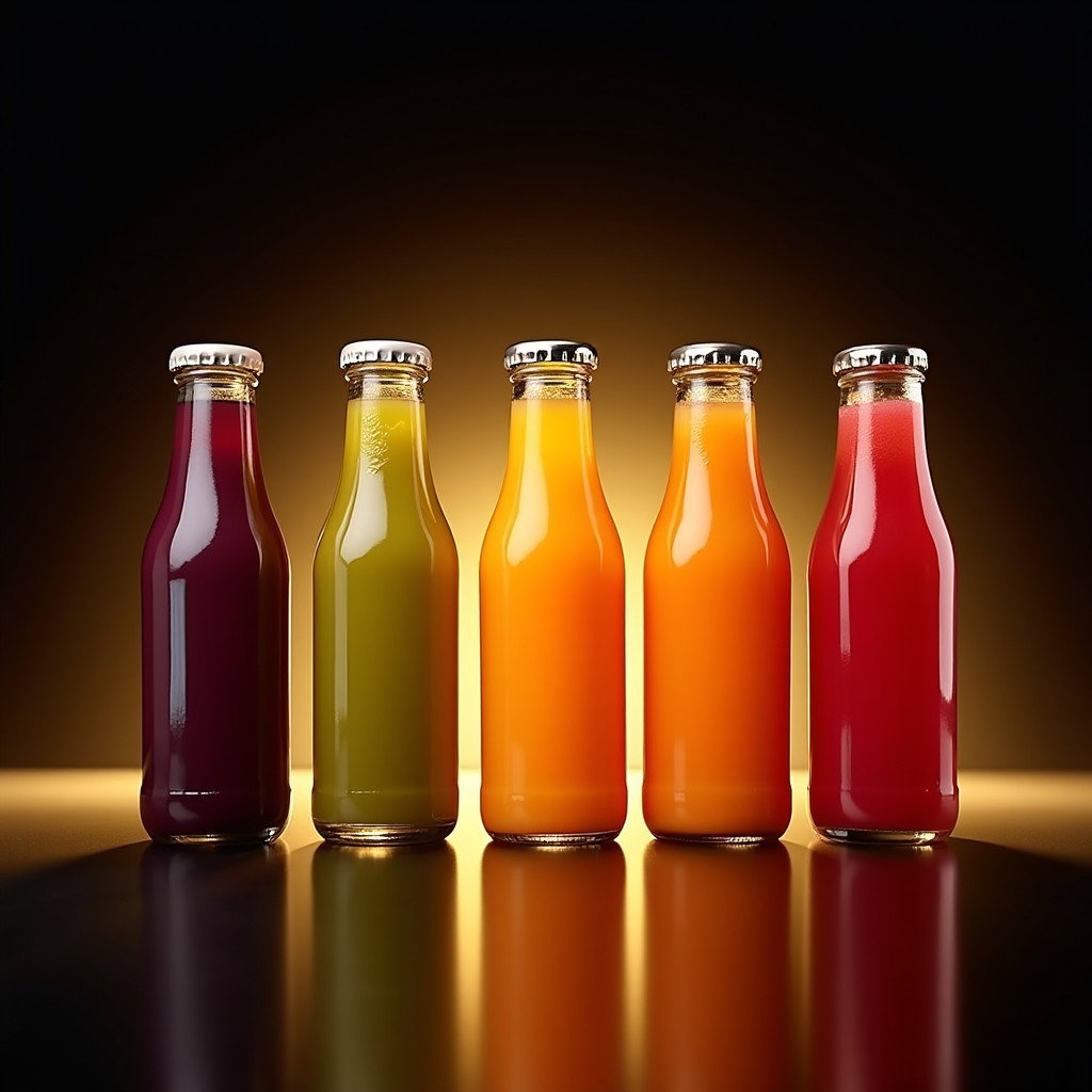 An eye-catching arrangement of six 200 ml juice bottles featuring flavors of Peach, Blueberry, Apricot, Apple, Pear, and Strawberry