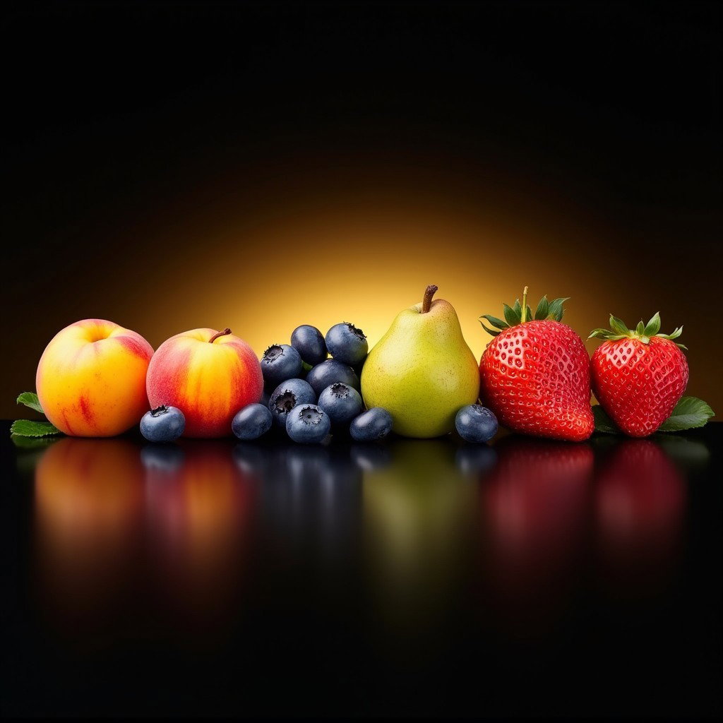 A vibrant and colorful arrangement of fresh fruits including Peach, Blueberry, Apricot, Apple, Pear, and Strawberry, displayed horizontally side by side