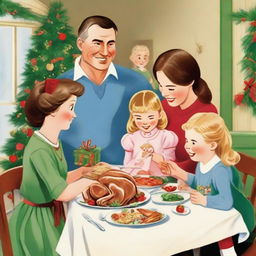 A charming family scene depicting parents and their three daughters joyously assembling a holiday meal whilst exchanging beautifully wrapped presents, enveloped in festive cheer