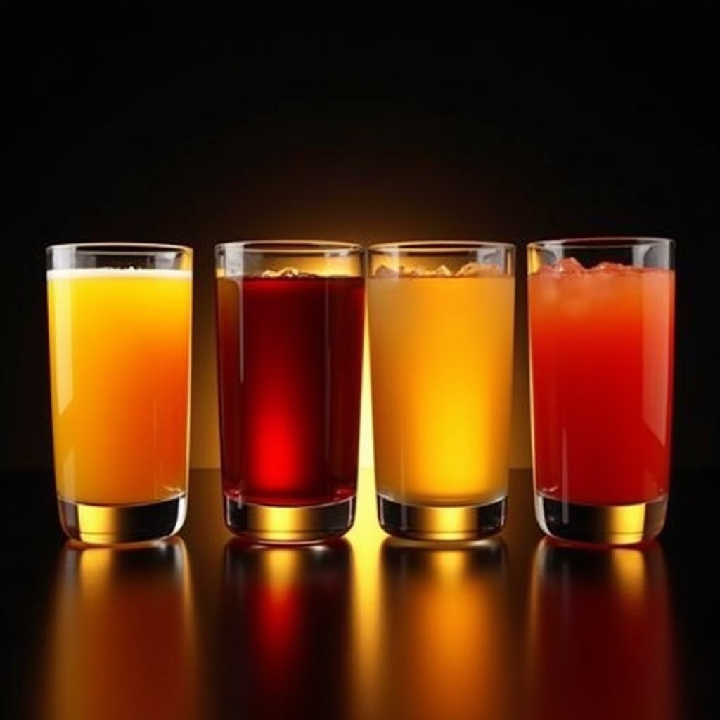 An appealing horizontal arrangement of four 12 oz juice glasses, each filled with a different vibrant beverage
