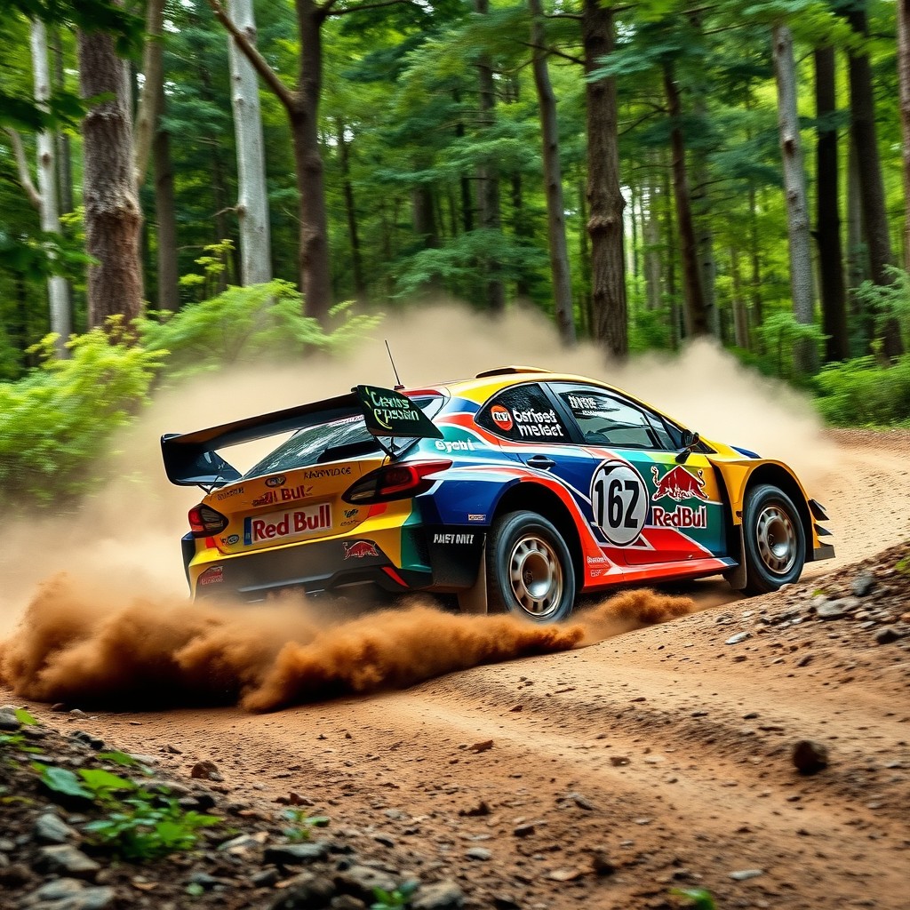 A sleek and dynamic rally car, the Levin model, depicted racing through a rugged terrain