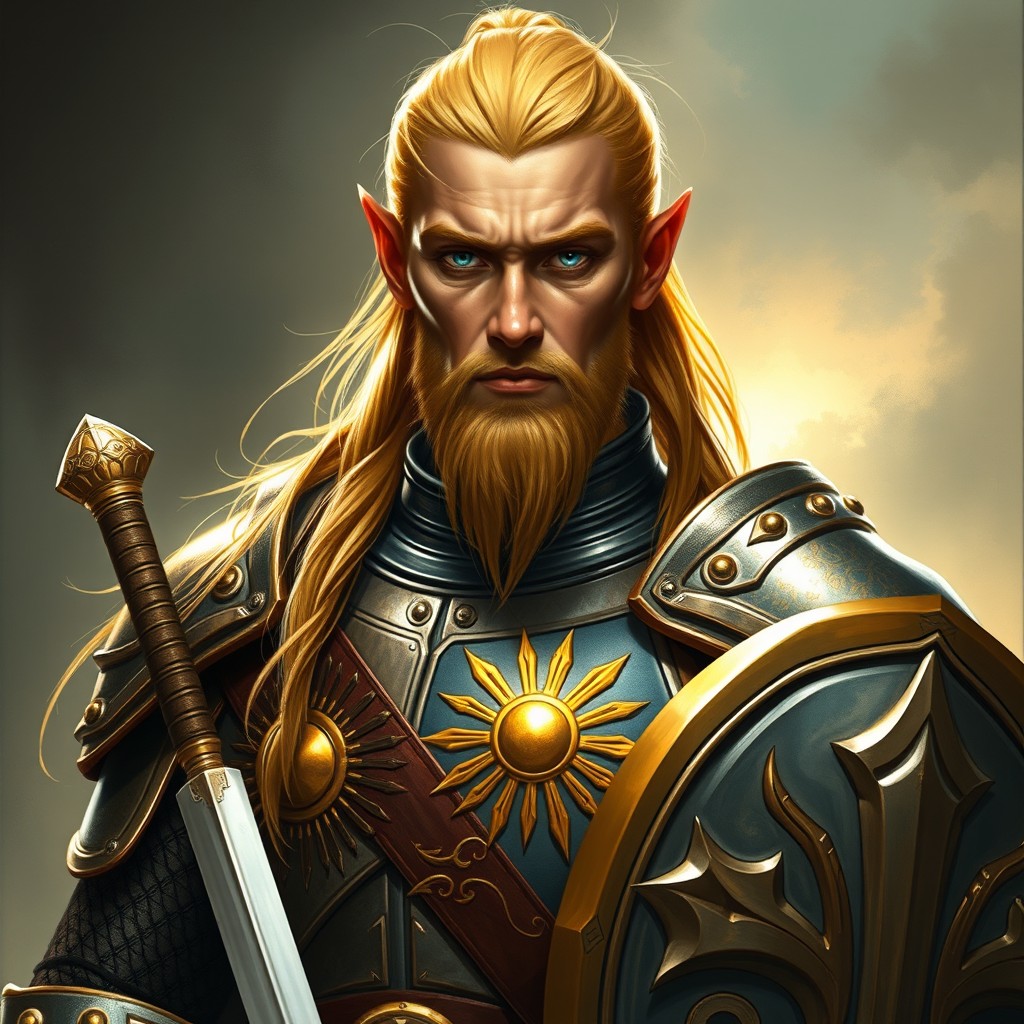 An imposing elven warrior, taller than average, with a straight posture and an athletic build