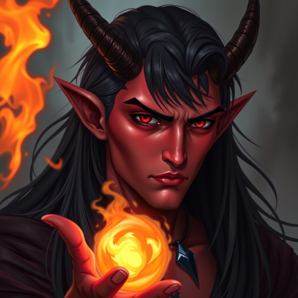 An attractive male tiefling warlock with long black hair, two straight horns pointing upwards, red skin, and deep red eyes
