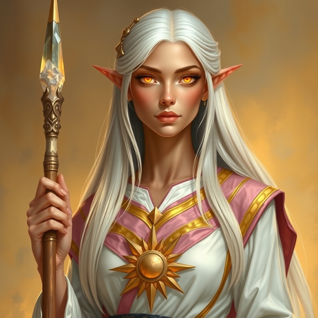 An elegant elven figure with skin that radiates a warm golden hue, resembling the first light of dawn