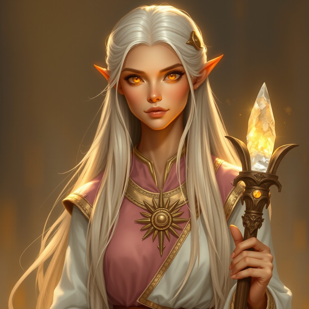 An elegant elven figure with skin that radiates a warm golden hue, resembling the first light of dawn
