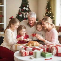 A charming family scene depicting parents and their three daughters joyously assembling a holiday meal whilst exchanging beautifully wrapped presents, enveloped in festive cheer