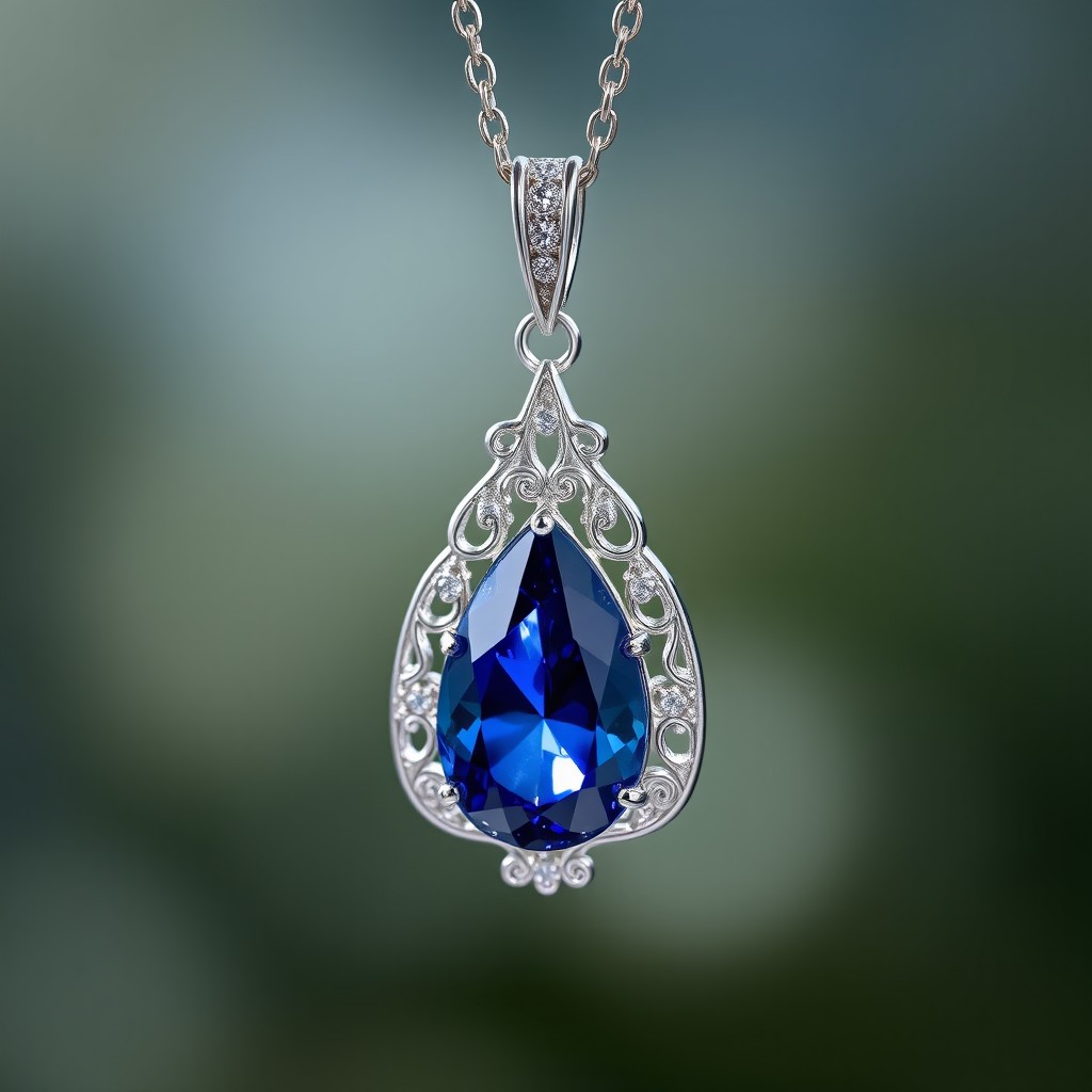 A stunning sapphire pendant hanging from an elegant silver chain