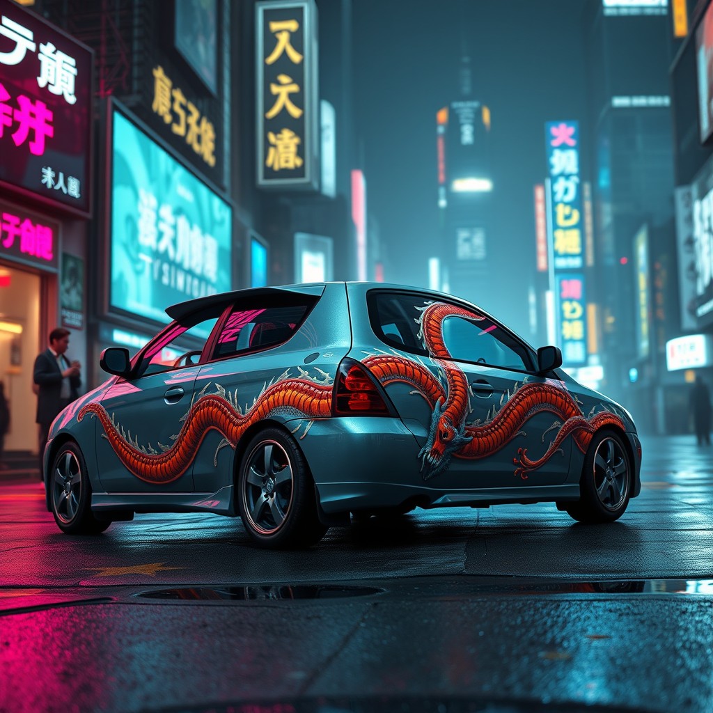 A 2004 grayish-blue Hyundai Accent featuring a vibrant dragon design painted on the body, set in a cyberpunk environment with neon lights and futuristic cityscape in the background