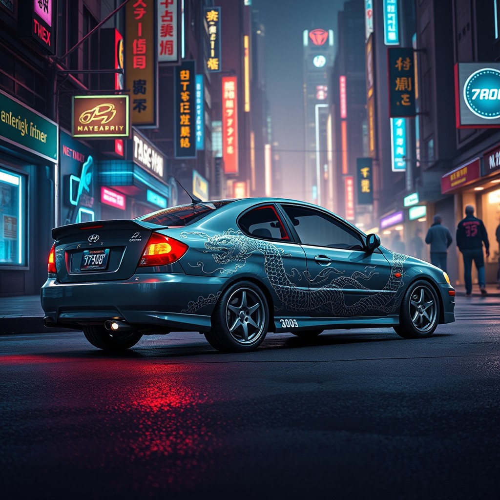 A 2004 grayish-blue Hyundai Accent adorned with a striking dragon graphic on the sides, set against a cyberpunk backdrop filled with glowing neon lights and a bustling city skyline