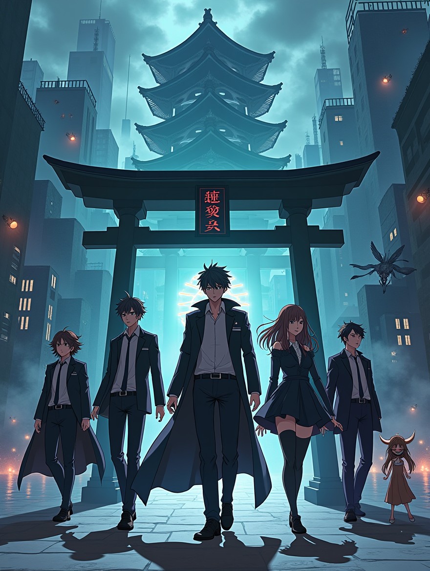 A captivating illustration in Japanese anime style showcasing a supernatural police agency called Iokai