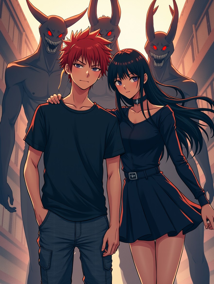A striking illustration in Japanese anime style showcasing a supernatural police agency called Iokai, featuring a couple as the central characters