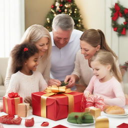 A charming family scene depicting parents and their three daughters joyously assembling a holiday meal whilst exchanging beautifully wrapped presents, enveloped in festive cheer