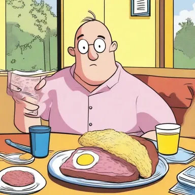In the comic book, the lead character enjoys a hearty breakfast of ham and eggs before going on an adventure.