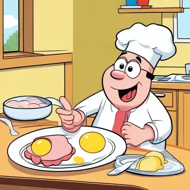 In the cartoon, the lovable character prepares a plate of ham and eggs for his sidekick.